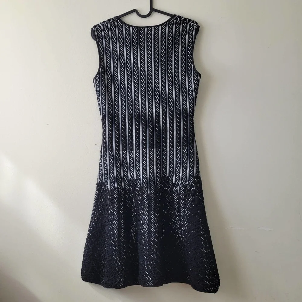 RVN Chevron 3D Jacquard Square Neck Flare Dress Black White Sz Large - Picture 7 of 9